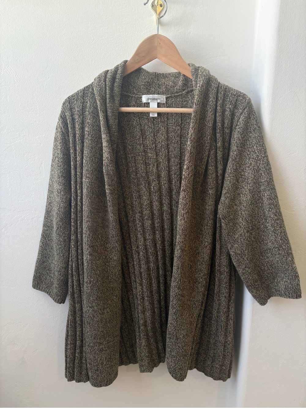 dressbarn Olive Green and Brown Marled Open-Front 3/4 Sleeve XL Knit Cardigan